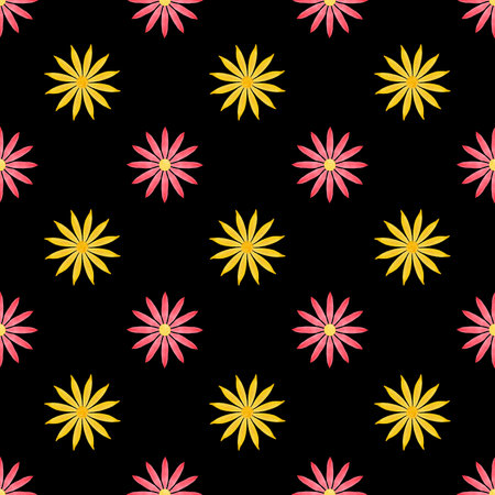 abstract seamless pattern: red and yellow flowers against black backgroundの写真素材