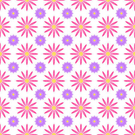 abstract seamless pattern: purple and violet flowers against white backgroundの写真素材