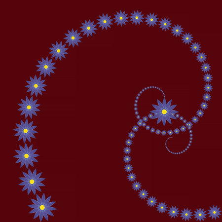abstract floral design: spirals made of blue flowers against dark red backgroundの写真素材