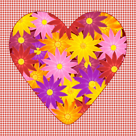 card for Day of Valentine: valentine with bouquet of bright flowers against red flowers patternの写真素材