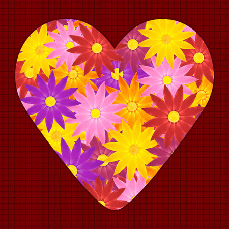 card for Day of Valentine: valentine with bouquet of bright flowers against dark red tiled patternの写真素材