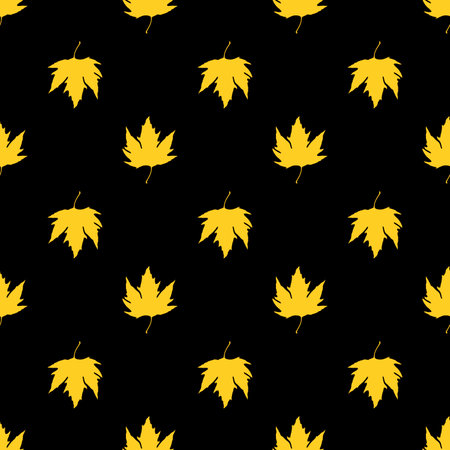 abstract seamless autumnal pattern: yellow leaves against black backgroundの写真素材