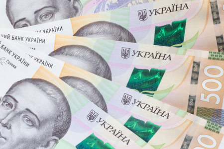 close up of  several five hundred Ukrainian hryvnias banknotesの写真素材