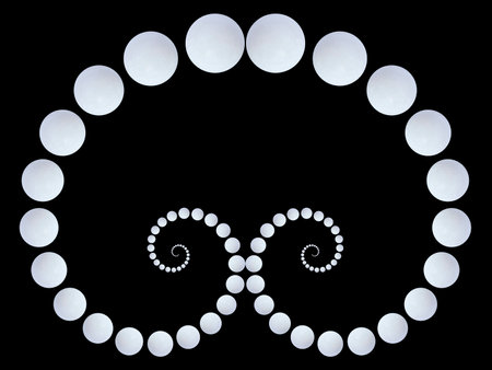 abstract background: spirals made of white agate beads against blackの写真素材