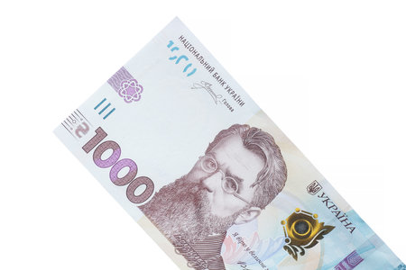 close up of one thousand Ukrainian hryvnia banknote isolated on white backgroundの写真素材