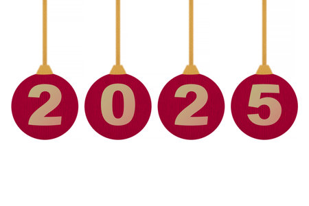 new year 2025 sign on red Christmas balls hanging on threads against white backgroundの写真素材