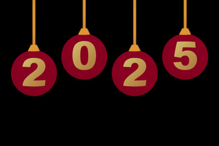set of four red Christmas balls with new year 2025 sign against black background
