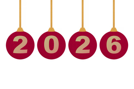 new year 2026 sign on red Christmas balls hanging on threads against white backgroundの写真素材
