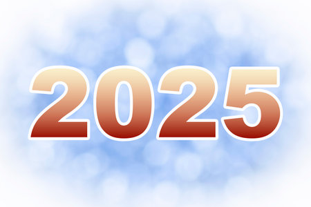 bright new year 2025 sign against light blue bokeh backgroundの写真素材