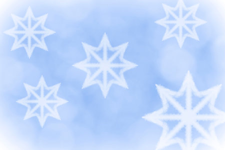 abstract new year holiday background: white snowflakes against light blue bokeh backdropの写真素材