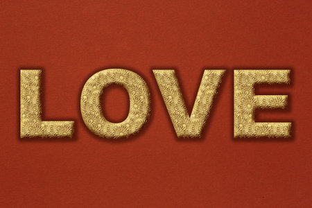 Day of Valentine holiday card design: golden word Love with flower texture against red cardboardの写真素材