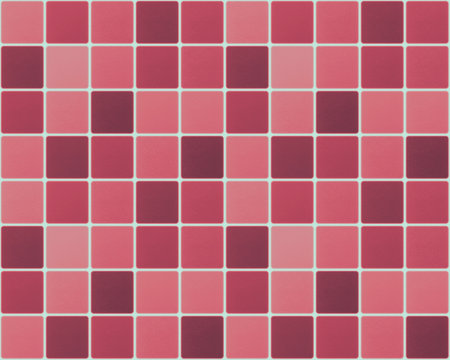 abstract seamless mosaic pattern: cherry color and pink rounded square textured tiles on white backgroundの写真素材