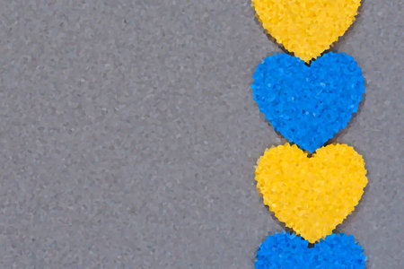 diamond like blue and yellow hearts on light gray shining textureの写真素材