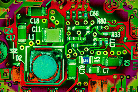 close up of integrated circuit colored in bright colorsの写真素材