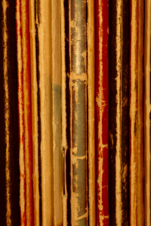abstract vintage background: close up of spines of several old thin booksの写真素材