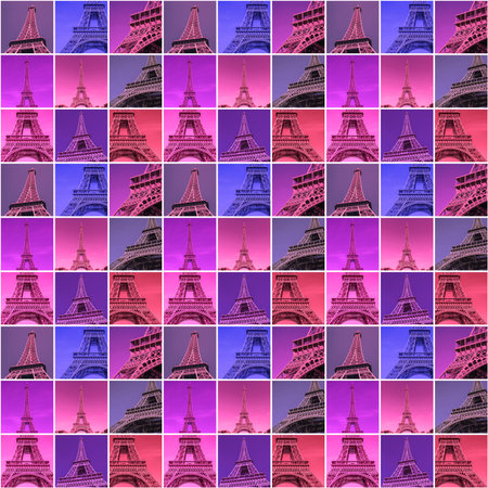 abstract seamless pattern: square tiles with photos of Eiffel Tower in Paris colored in different purple and violet tintsの写真素材