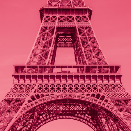 close up view on Eiffel Tower in Paris colored in pink color