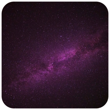 abstract rounded square tile isolated on white background: view on Milky Way galaxy in dark purple night skyの写真素材