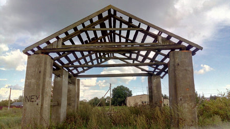 The photo shows a photo of the old , abandoned buildingの写真素材