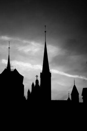 Silhouette of the church in the old town, black and whiteの写真素材