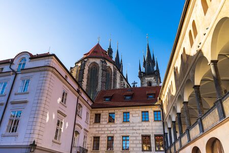 Beautiful view of the old streets of Prague, Czech Republic. In the distance you can see the spires of the Church of Mother of God before Tyn. On both sides of the street are buildings with beautiful architecture.のeditorial素材