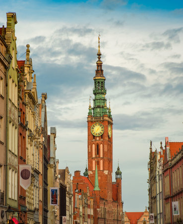Spire of Gdansk Main Town Hall  of summer cityscape, Poland