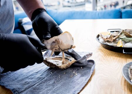 Chef opens a fresh oyster. Dish with open oysters. Restaurant.の写真素材