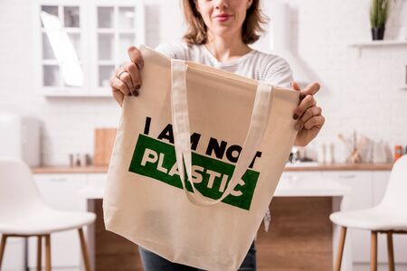 Young girl holding a cloth bag. At the kitchen. I am not plastic. Campaign to reduce the use of plastic bags. Zero wasteの写真素材