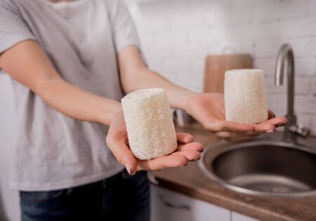 Bamboo natural eco washcloths. Zero wasteの写真素材