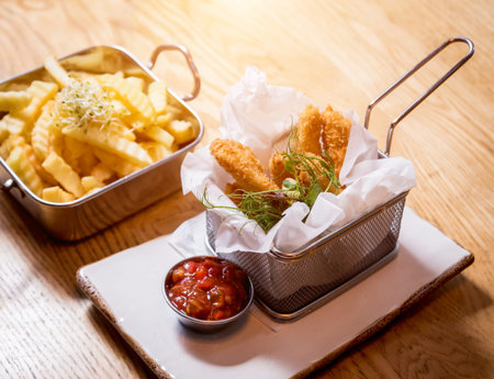 Fried chicken nuggets with french fries and tomato sauce. Restaurant.