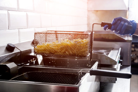 The chef cooking french fries. Restaurant. Snack