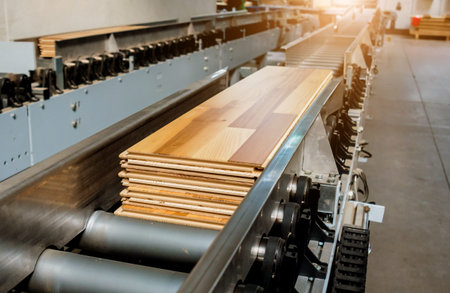Production line of the wooden floor factory. CNC automatic woodworking machine. Industrial...