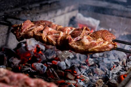Delicious beef and pork barbecue on grill. Georgian restaurant. Backgroundの写真素材