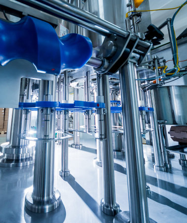 Automatic filling machine pours water into plastic PET bottles. Brewing production. Industrial...
