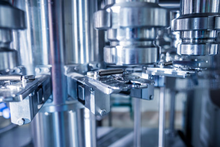 Automatic filling machine pours water into plastic PET bottles. Brewing production. Industrial...
