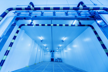 Empty industrial freezer warehouse for vegetable storage. Background