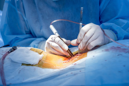 Spinal surgery. Group of surgeons in operating room with surgery equipment. Laminectomy. Modern...