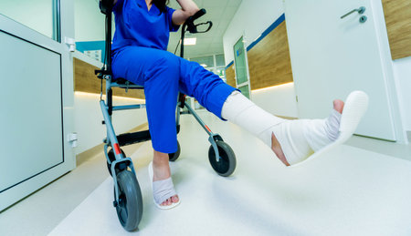 Patient on rollator with hand brakes moving in hospital. Medical concept