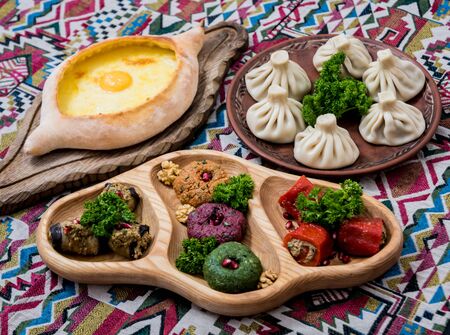 Georgian cuisine food set. Georgian restaurant. Restaurant background.の写真素材