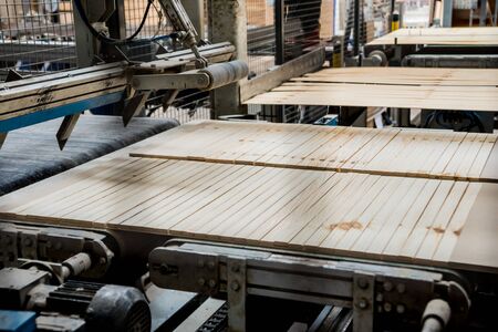 Production line of the wooden floor factory. CNC automatic woodworking machine.の写真素材