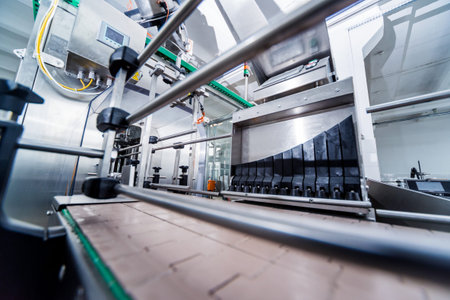Automatic filling machine pours water into plastic PET bottles.の写真素材