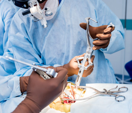 Spinal surgery. Group of surgeons in operating room with surgery equipment. Laminectomy. Modern...