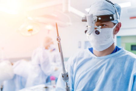 Spinal surgery. Surgeon show polyaxial screw in operating room with surgery equipment. Laminectomy....