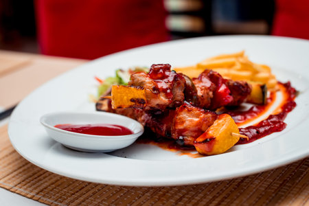 Grilled meat on the white plate