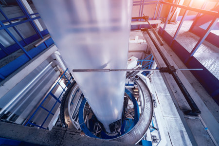 Modern automated production line in factory. Plastic bag manufacturing process