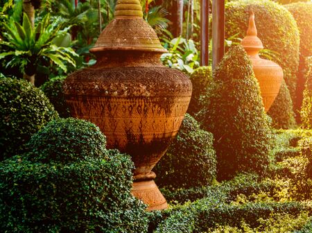 Luxury landscape design of the tropical garden. Beautiful view of landscaped tropical garden.の写真素材