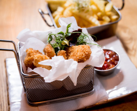 Fried chicken nuggets with french fries and tomato sauce. Restaurant. Background