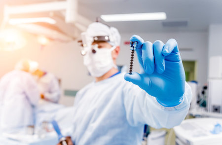 Spinal surgery. Surgeon show polyaxial screw in operating room with surgery equipment. Laminectomy....