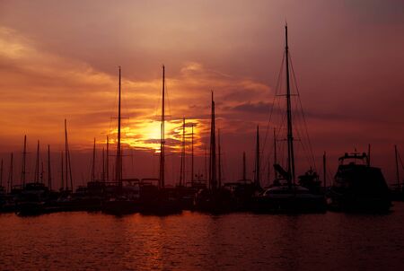 Beautiful view of marina and harbor with yachts and motorboats.の写真素材