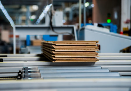 Production line of the wooden floor factory. CNC automatic woodworking machine. Industrial backgroundの写真素材